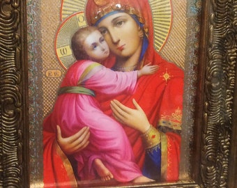 Virgin Mary icon Panagia Soul Saver,  orthodox icon with frame decorated with natural amber.