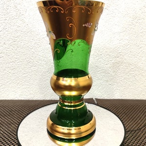 Vintage Czech Bohemian Green and Gold Glass Vase with Enameled Flowers .