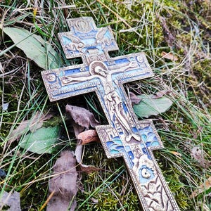 Antique Russian Orthodox Cast bronze Enamel cross  19 cent.