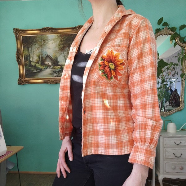 Kariertes orangenes Hemd I Vintage Holzfällerhemd für Frauen I Größe 36 I Größe S I Upcycling fashion I Bluse aus den 70er Jahren