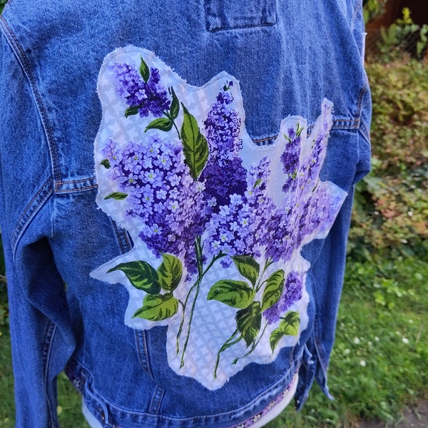 Patchwork Jeansjacke Upcycling Second Hand Jeansjacke Größe M