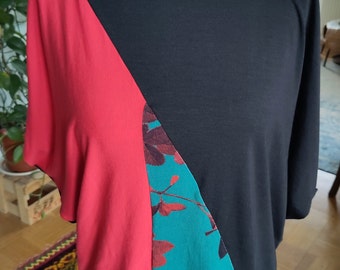 Patchwork Upcycling Top mit Fledermausärmeln – Umweltfreundliche Mode - Bio-Baumwoll-Jersey Top