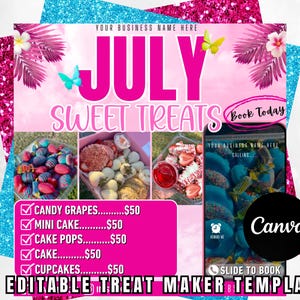 Bearbeitbare Juli Süße Leckereien Flyer Vorlage | Trauben, Cake Pops, Cupcakes | Rosa Dessert Menükarte Vorlage