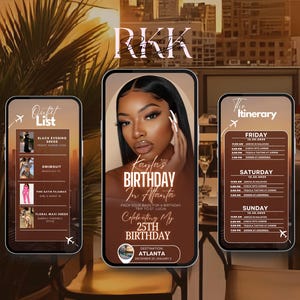The image is a promotional collage featuring a woman's portrait, a smartphone displaying a birthday event schedule, and a large poster with a city skyline in the background.