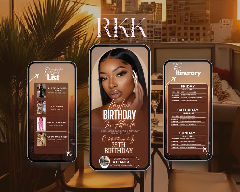 The image is a promotional collage featuring a woman's portrait, a smartphone displaying a birthday event schedule, and a large poster with a city skyline in the background.