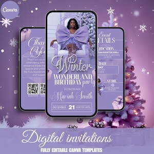 Może przedstawiać: Cyfrowy projekt zaproszenia na przyjęcie urodzinowe Winter Wonderland. Zaproszenie przedstawia kobietę w fioletowej sukience z kokardą i zawiera szczegóły wydarzenia oraz podziękowania, wszystko w miękkiej fioletowej kolorystyce.