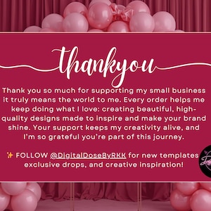 May include: A burgundy background with white script that says "Thank You". The text expresses gratitude for supporting a small business, highlighting the creation of high-quality designs. The image also includes a logo and social media handle.