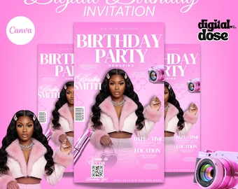 Pink Glam Birthday Invitation Canva Template, Editable Digital Party Invite