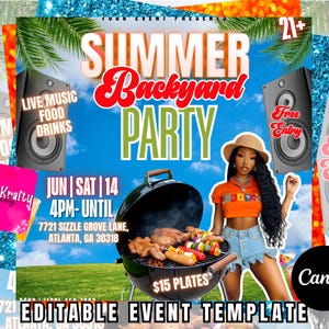 May include: A promotional flyer for a summer backyard party. The design features a woman, a grill with food, speakers, and text that reads "Summer Backyard Party," "Live Music, Food, Drinks," and "Free Entry." The event is on June 14th.