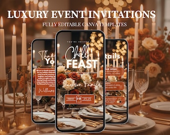Puede incluir: Tres smartphones que muestran plantillas de invitaciones a eventos. Las pantallas muestran las palabras "Luxury Event Invitations" y "Chill Feast". El fondo presenta una mesa con velas, flores y cristalería, creando un ambiente cálido.
