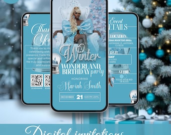 Invitación de cumpleaños Aqua Winter Wonderland, plantilla digital editable de Canva para fiesta