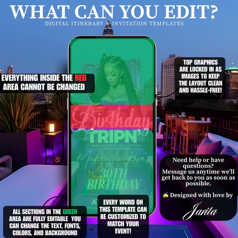 The image is a digital advertisement for a digital itinerary and invitation template service called "WHAT CAN YOU EDIT?". The advertisement features a large image of a birthday party invitation with a city skyline in the background. The text on the advertisement highlights the ability to customize the design and layout of the invitation, as well as the convenience of having a digital itinerary and invitation template.