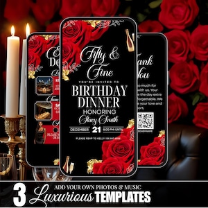 May include: Three smartphone screens showing a birthday dinner invitation. The invitation features red roses, gold accents, and the text "Fifty & Fine." The invitation is for Stacy Smith's birthday on December 21st.