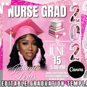 Editable Nurse Graduation Flyer Template | Pink 2025 Grad Party Invitation | Glam Graduation Canva Flyer | Instant Download