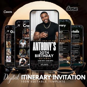 May include: Digital itinerary invitation template for Anthony's 30th birthday getaway. The design features a man holding a drink, with event details on a smartphone screen. Includes editable text and a modern aesthetic.