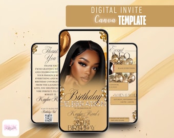 May include: Digital invite Canva template showing three smartphone screens. The central screen has a woman's portrait and the text "Birthday Celebration." Other screens display event details and a thank you message.