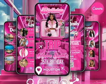 Pink Birthday Trip Itinerary, Editable Canva Girls Weekend Travel Planner