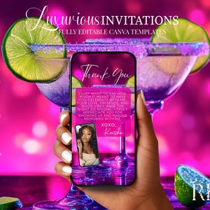 A hand holding a smartphone displaying a personalized message, with a background featuring a glass of a purple drink and slices of lime.