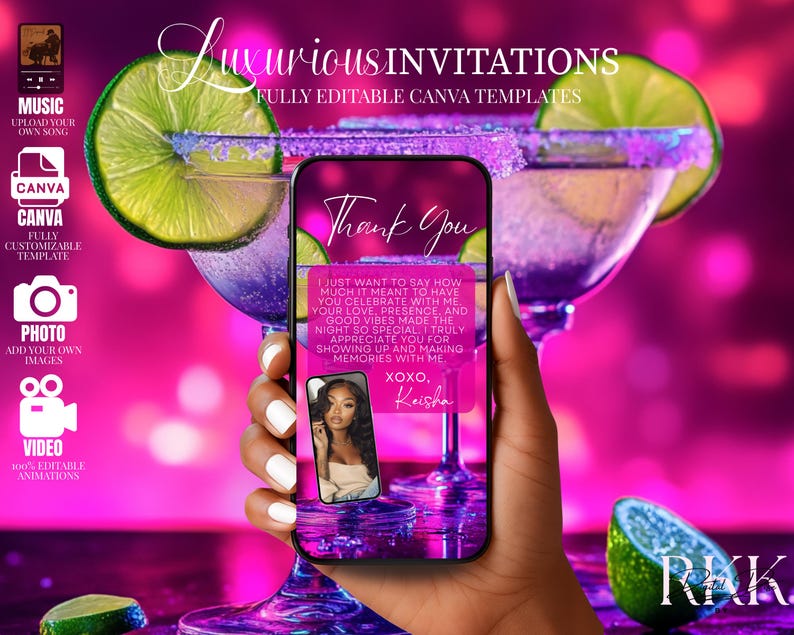 A hand holding a smartphone displaying a personalized message, with a background featuring a glass of a purple drink and slices of lime.
