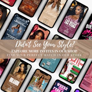 The image is a collage of various smartphone screens displaying different event invites, including birthday parties, trips, and other social gatherings.