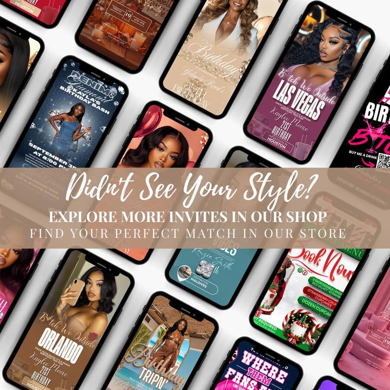 The image is a collage of various smartphone screens displaying different event invites, including birthday parties, trips, and other social gatherings.