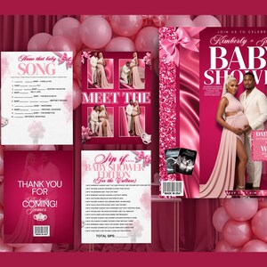 May include: A baby shower invitation suite in shades of pink, featuring a magazine-style cover with a couple and the text "BABY SHOWER." Additional cards include games, thank you notes, and a "Meet the Baby" section. Balloons and decorative elements complete the design.