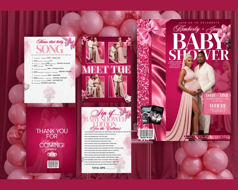 May include: A baby shower invitation suite in shades of pink, featuring a magazine-style cover with a couple and the text "BABY SHOWER." Additional cards include games, thank you notes, and a "Meet the Baby" section. Balloons and decorative elements complete the design.