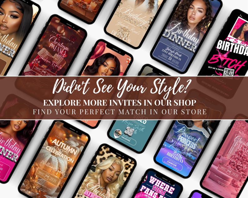 The image is a collage of various smartphone screens displaying different types of birthday party invitations, including names, dates, and themes.