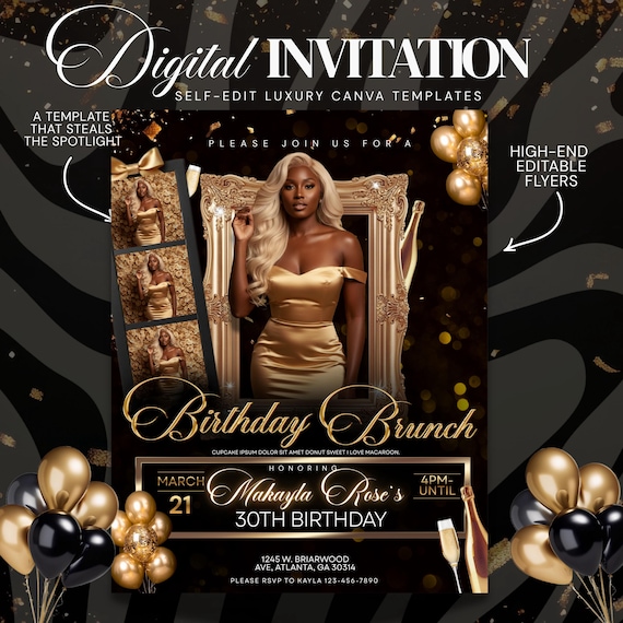 Birthday Brunch Invitation Template, Editable Canva Invite, Digital