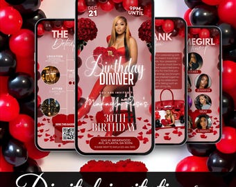 Birthday Dinner Invitation, Red Black Balloon Decor, Editable Canva Template