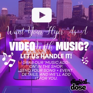 The image is a promotional poster for a video with music, featuring a city skyline in the background and a purple-tinted pool with musical notes floating around it.