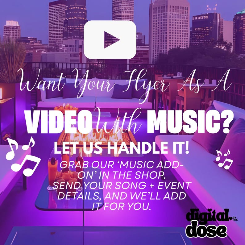 The image is a promotional poster for a video with music, featuring a city skyline in the background and a purple-tinted pool with musical notes floating around it.