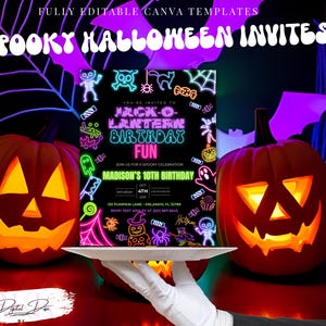 Editable Neon Halloween Birthday Invitation | Spooky Jack-o&#39;-lantern Party Canva Template | Kids Halloween Invite