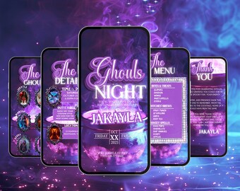 Könnte beinhalten: Fünf Smartphones zeigen eine Halloween-Party-Einladung. Das Design verwendet ein lila und schwarzes Farbschema mit dem Text "Ghouls Night" und Veranstaltungsdetails. Die Einladung enthält ein Menü und eine Dankesnachricht.