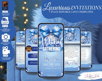 May include: A digital invitation template for a holiday gathering, displayed on several smartphones. The design features a blue and silver color scheme with a disco ball and bow. Text includes "Holiday Gathering" and event details.