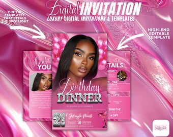 Editable 21st Birthday Dinner Invitation | Pink Luxury Invite | Digital Canva Flyer
