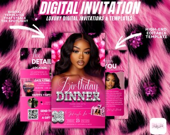 Pink Glam Birthday Dinner Invitation: Editable Canva Template