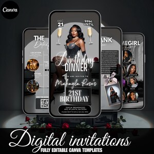 May include: Digital invitation templates on smartphones. The design features a woman in a black dress, champagne glasses, and text that reads "Birthday Dinner" and "21st Birthday." The bottom text says "Digital invitations" and "Fully Editable Canva Templates."