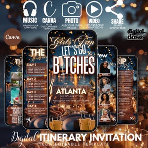 The image is a collage of four images, each depicting a different part of a digital itinerary invitation for a trip. The images show various scenes and activities, such as a pool, a beach, a restaurant, and a hotel, along with the text "Let's go BITCHES" and "Digital itinerary Invitation" indicating the theme and purpose of the invitation.