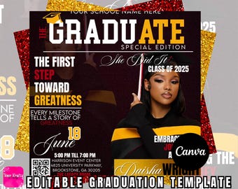 Editable Gold Graduation Flyer | Red Grad Party Invite | Class of 2025 Canva Template