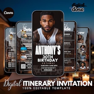 May include: Digital itinerary invitation template featuring a man's photo and event details. The invitation includes the text "Anthony's 30th Birthday Getaway" with dates and location. The design is editable and includes a Canva logo.