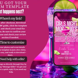 The image is a promotional graphic for a "GIRLS NIGHT MARGARITA'S" event, featuring a smartphone displaying the event details and a glass of margarita.