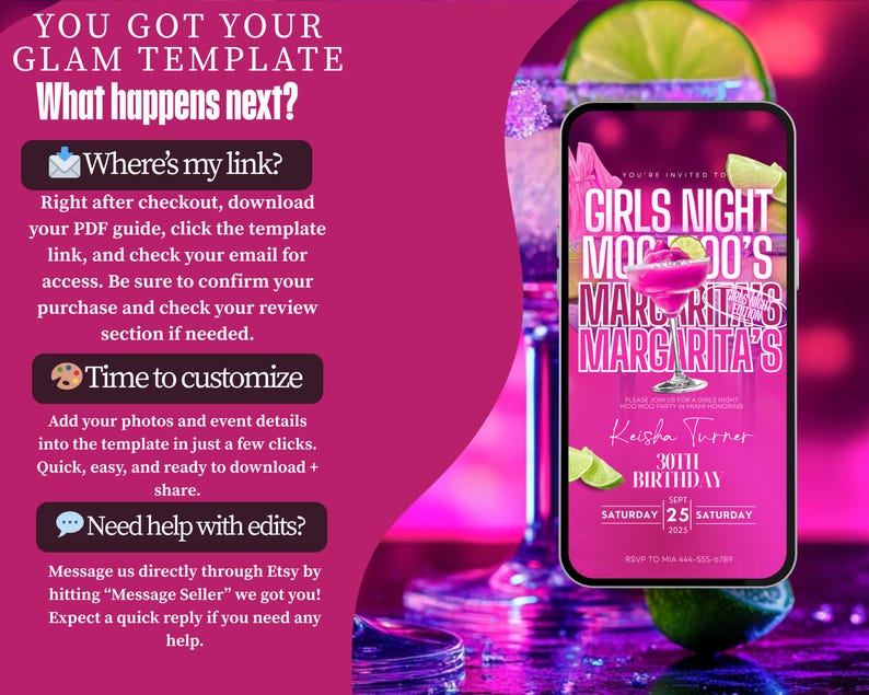 The image is a promotional graphic for a "GIRLS NIGHT MARGARITA'S" event, featuring a smartphone displaying the event details and a glass of margarita.