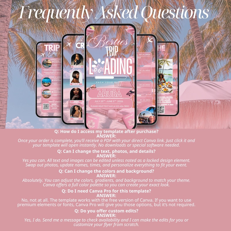 The image is a collage of four smartphone screens displaying a "Trip" advertisement for a Caribbean resort. The screens show various details about the resort, including the date, time, and location, as well as the resort's name and contact information.
