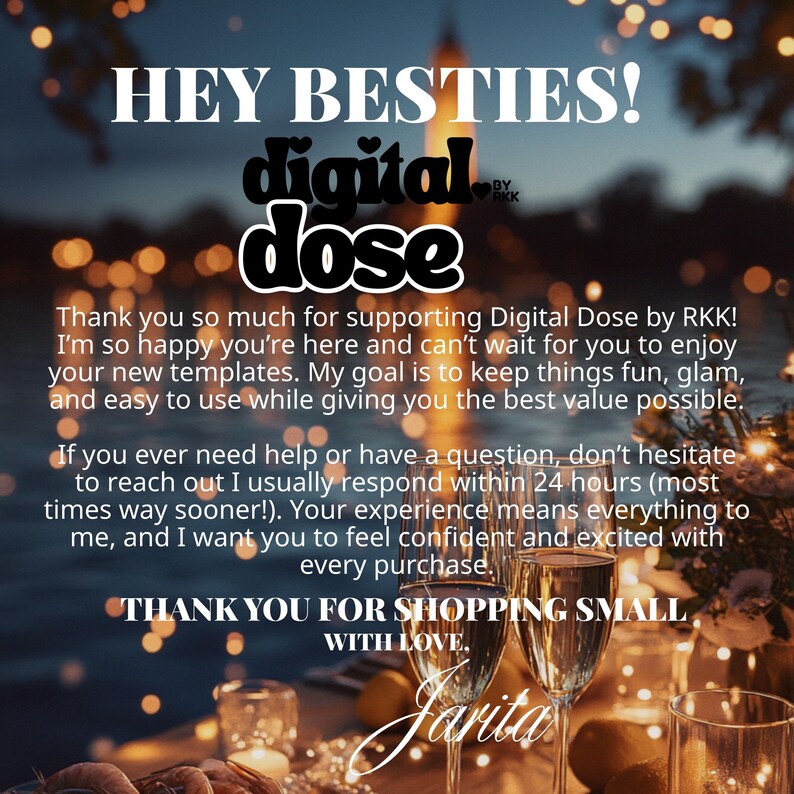 The image is a digital advertisement featuring a message from Jarita, expressing gratitude for the support of Digital Dose by RKK and the purchase of their products. The background of the image is a blurred, festive setting with lights, creating a warm and celebratory atmosphere.