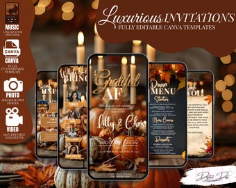 Puede incluir: Plantillas de invitación digital para una reunión festiva, con un tema otoñal con calabazas, hojas y velas. Las plantillas incluyen menús y tarjetas de agradecimiento, con opciones personalizables.