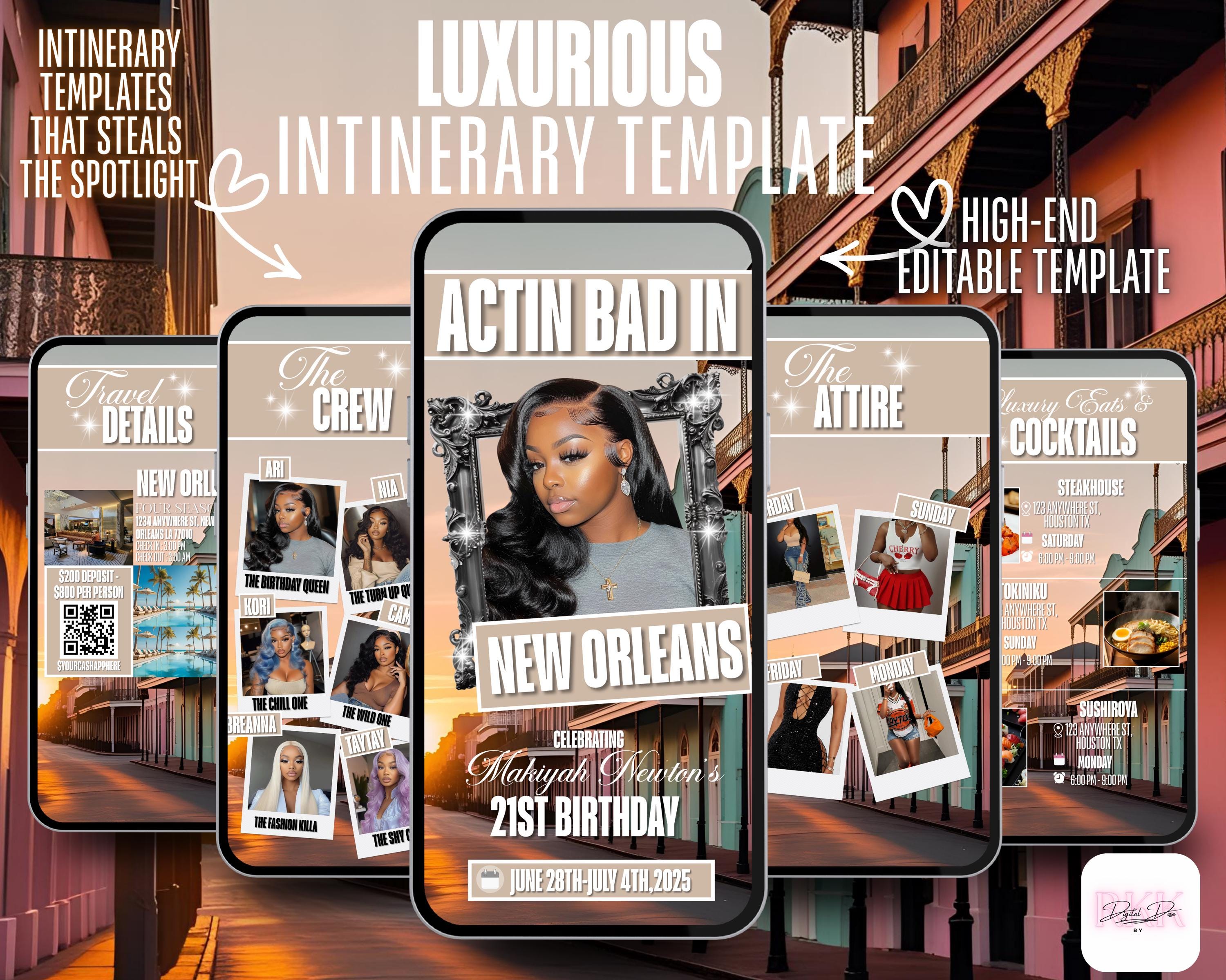 Editable Birthday Trip Itinerary – New Orleans Baddie Weekend Canva Template | Glam Girls Trip Planner | Digital Itinerary for 21st Birthday