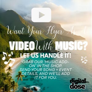 The image is a promotional poster for a video with music, featuring a scenic tropical beach with mountains in the background and a clear blue sky.