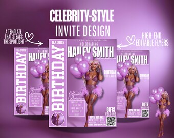 Invitación de cumpleaños de Baddie: plantilla editable de Canva para fiestas de cumpleaños glamurosas