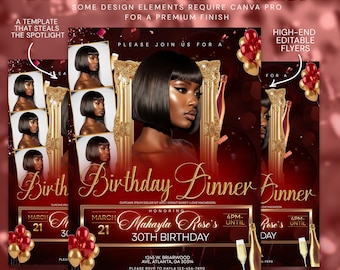 May include: A digital birthday dinner invitation template featuring a portrait of a person with a bob haircut framed in gold, red and gold balloons, and text including "Mahayla Rose's 30th Birthday" and "March 21".